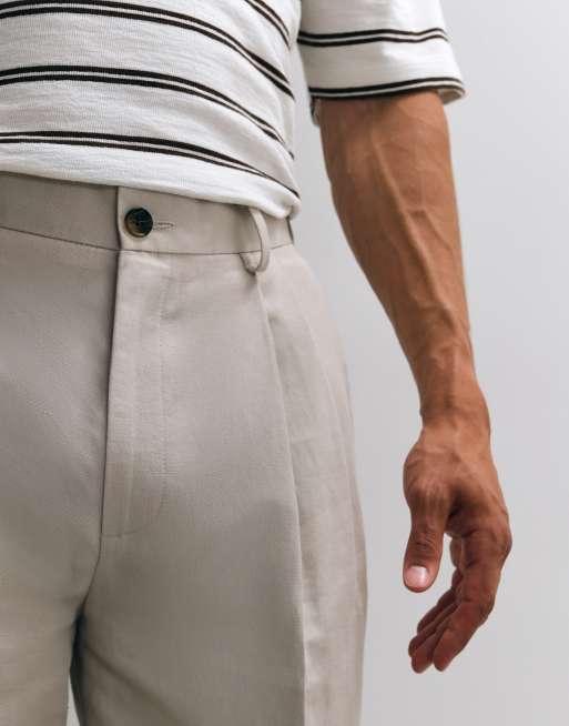ASOS DESIGN - Pantaloni eleganti oversize affusolati in misto lino color pietra a pieghe, 3 di 9