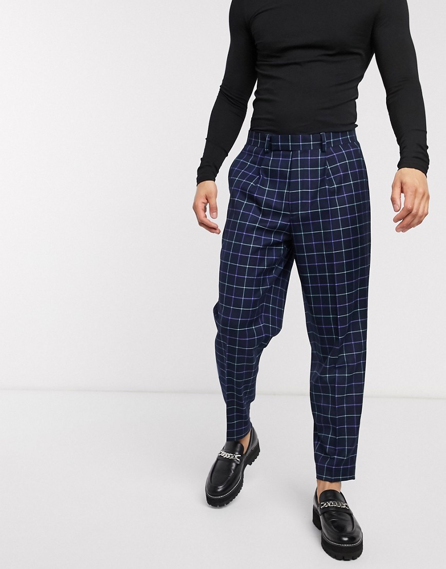 ASOS DESIGN - Pantaloni eleganti oversize blu navy a quadri