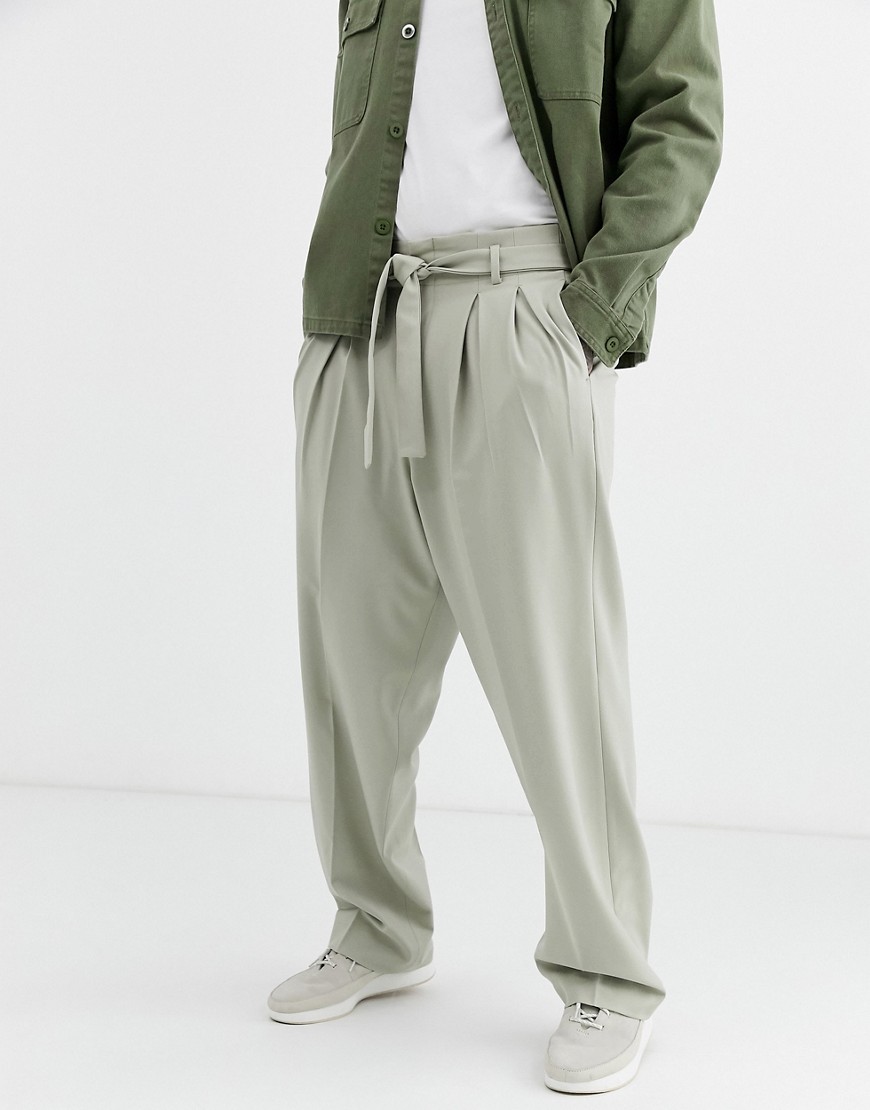 ASOS DESIGN - Pantaloni eleganti pietra con fondo ampio a pieghe con cintura