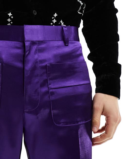 ASOS DESIGN - Pantaloni eleganti skinny a zampa in raso viola, 2 di 5