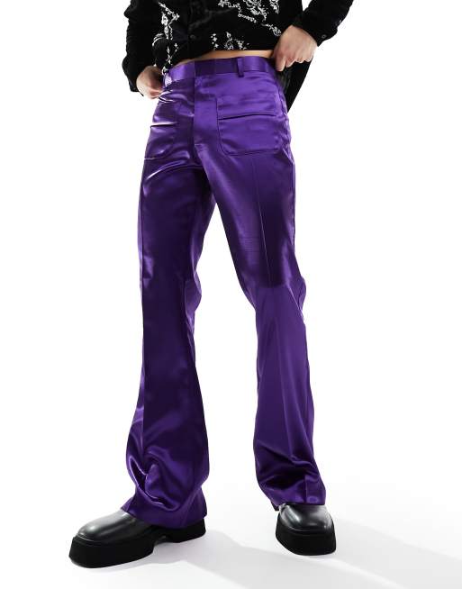 ASOS DESIGN - Pantaloni eleganti skinny a zampa in raso viola, 4 di 5