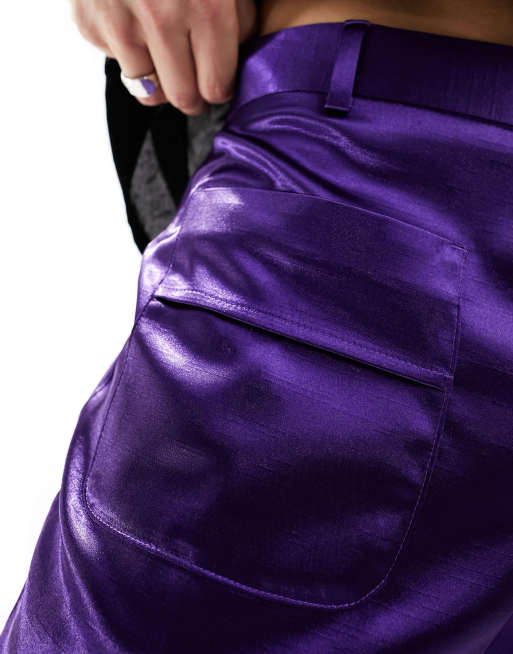 ASOS DESIGN - Pantaloni eleganti skinny a zampa in raso viola, 5 di 5