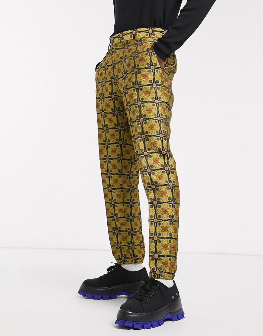 ASOS DESIGN - Pantaloni eleganti slim con fondo elasticizzato stile joggers in jacquard geometrico senape-Cuoio
