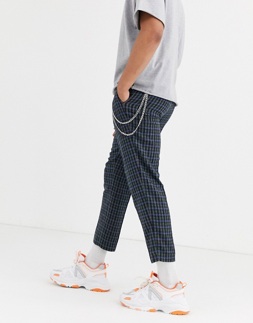 ASOS DESIGN - Pantaloni eleganti slim cropped con catena in misto lana blu