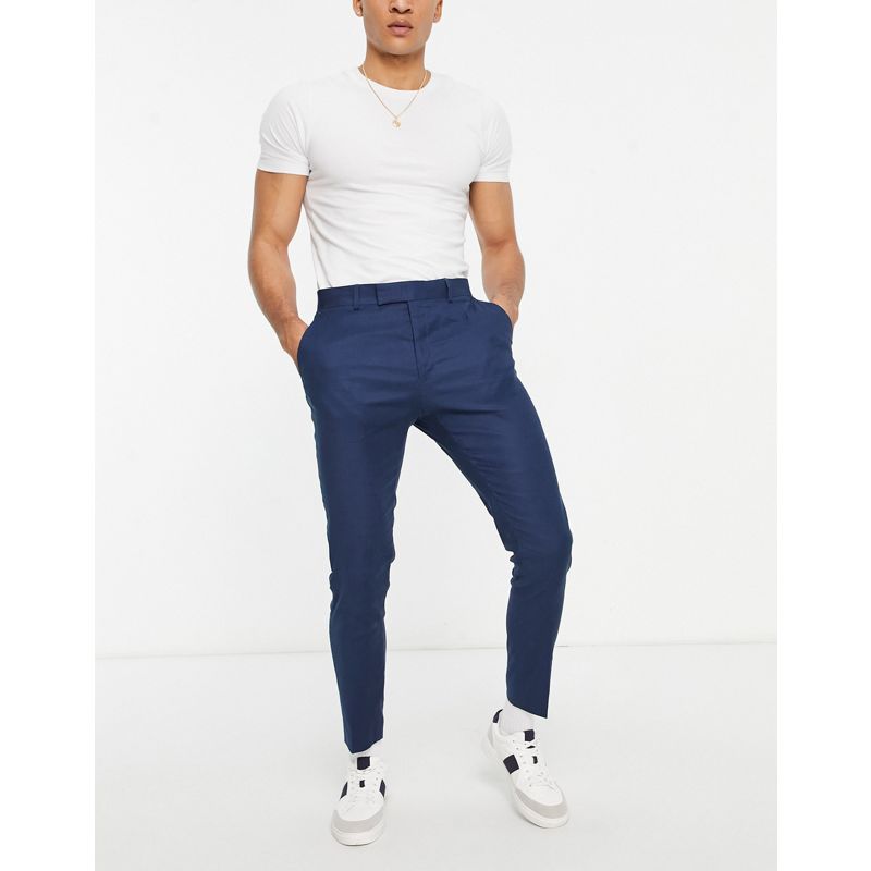QhTpq Pantaloni e chino DESIGN - Pantaloni eleganti super skinny in lino blu navy