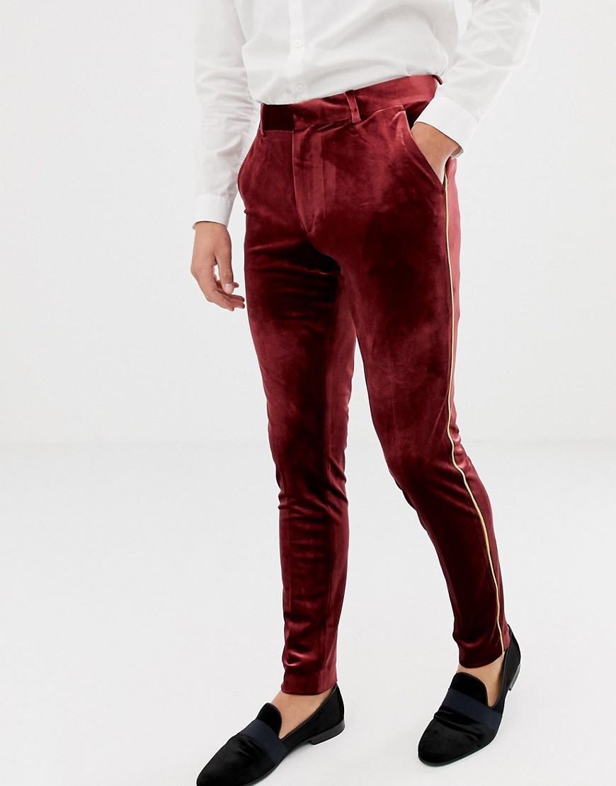 ASOS DESIGN - Pantaloni eleganti super skinny in velluto bordeaux con profili oro-Rosso