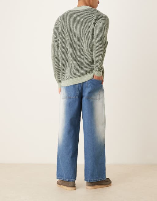 ASOS DESIGN - Pantaloni extra ampi lavaggio blu medio con scolorimento laterale, 3 di 5