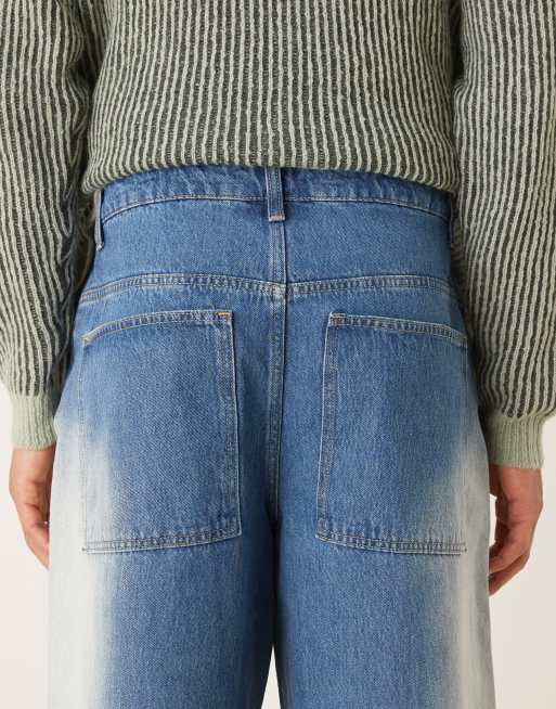 ASOS DESIGN - Pantaloni extra ampi lavaggio blu medio con scolorimento laterale, 5 di 5