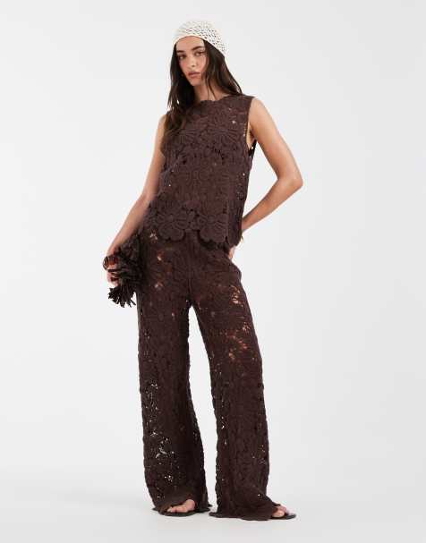 ASOS DESIGN - Pantaloni in maglia all'uncinetto color cioccolato in coordinato - view 1