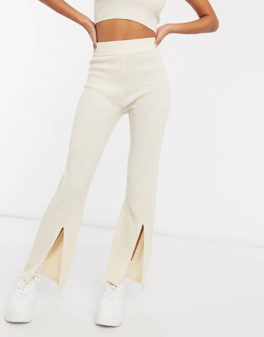 ASOS DESIGN - Pantaloni in maglia con spacco laterale color crema in coordinato
