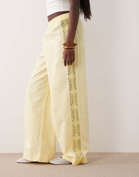 ASOS DESIGN - Pantaloni in misto lino gialli con inserti laterali in pizzo - view 1