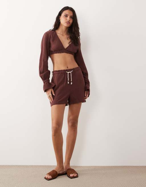 ASOS DESIGN - Pantaloni in mussola color prugna con laccetti in corda in coordinato