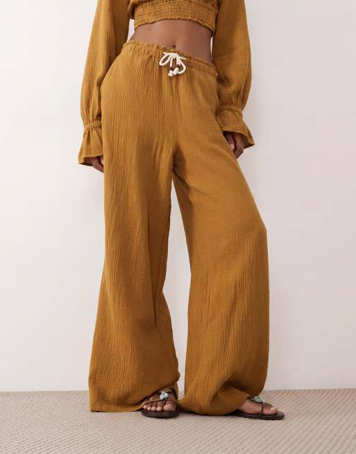 ASOS DESIGN - Pantaloni in mussola verde oliva con laccetti in corda in coordinato