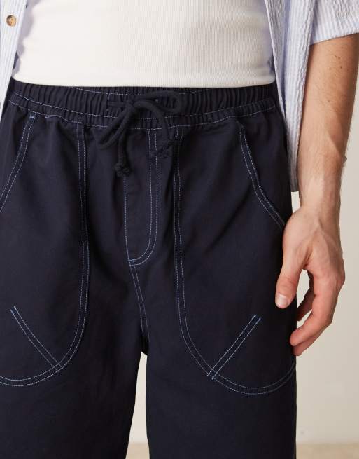ASOS DESIGN - Pantaloni in nylon blu navy con cuciture a contrasto extra ampi, 5 di 5
