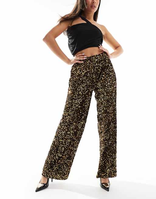 ASOS DESIGN - Pantaloni in velluto e paillettes color oro