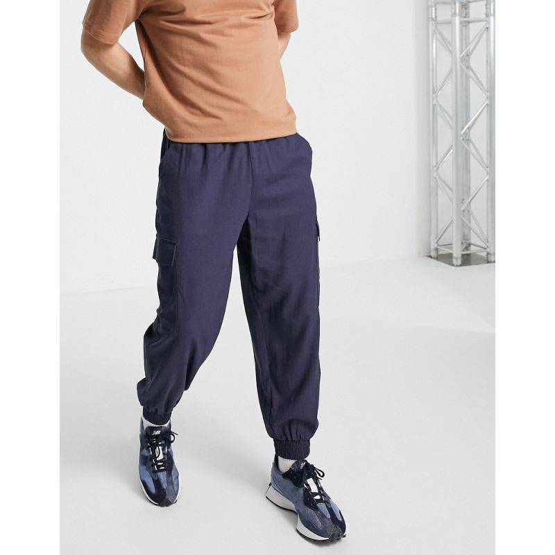 Uomo Pantaloni e chino DESIGN - Pantaloni oversize affusolati in misto lino blu navy con tasche cargo