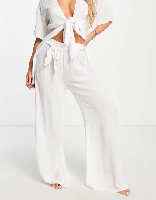 ASOS DESIGN - Pantaloni palazzo da spiaggia allacciati in vita, colore bianco