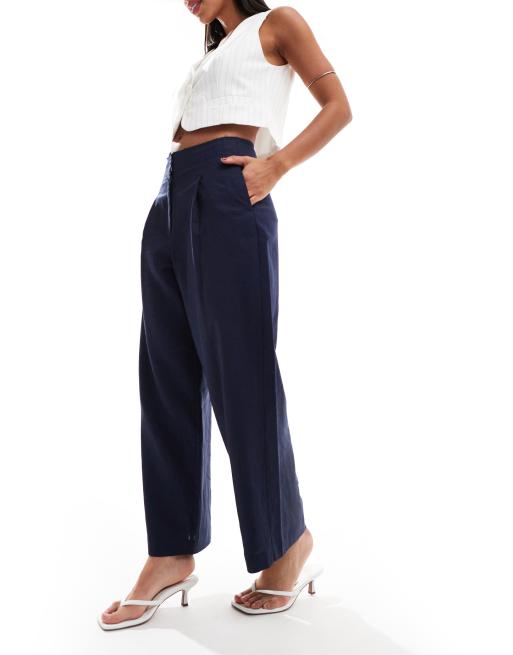 ASOS DESIGN - Pantaloni sartoriali a cilindro blu navy in misto lino con bordi grezzi, 4 di 5