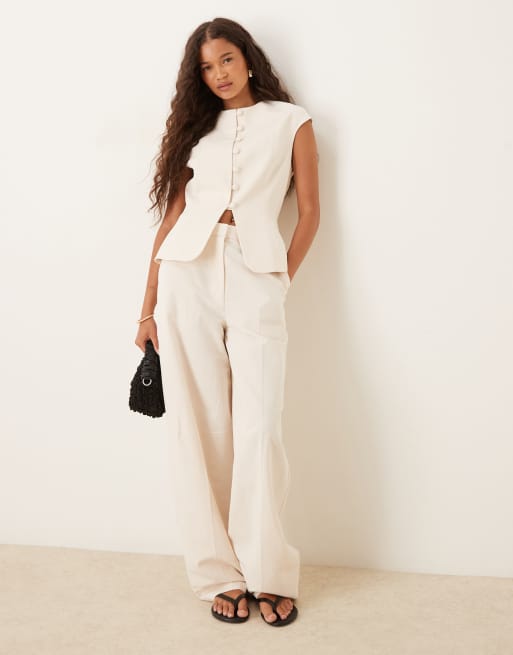 ASOS DESIGN - Pantaloni sartoriali a cilindro in misto lino color avorio
