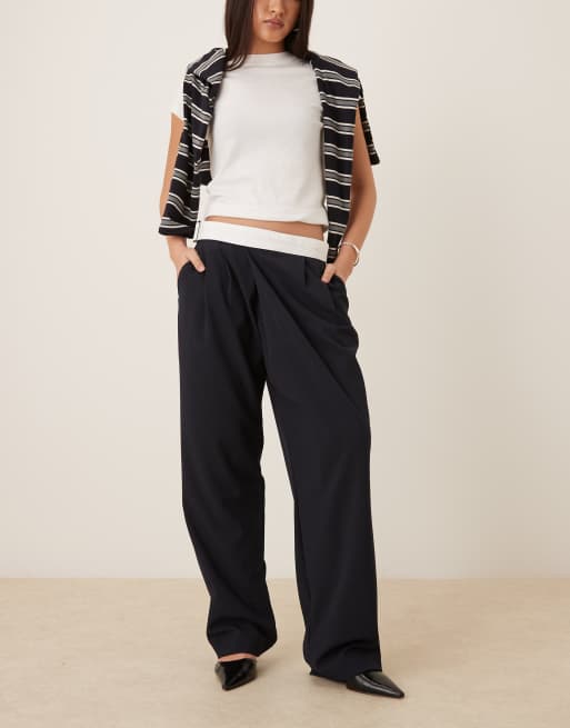 ASOS DESIGN - Pantaloni sartoriali a fondo ampio blu navy con fascia in vita asimmetrica con bordi grezzi 