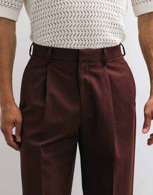 ASOS DESIGN - Pantaloni sartoriali a fondo ampio bordeaux a pieghe, 4 di 7