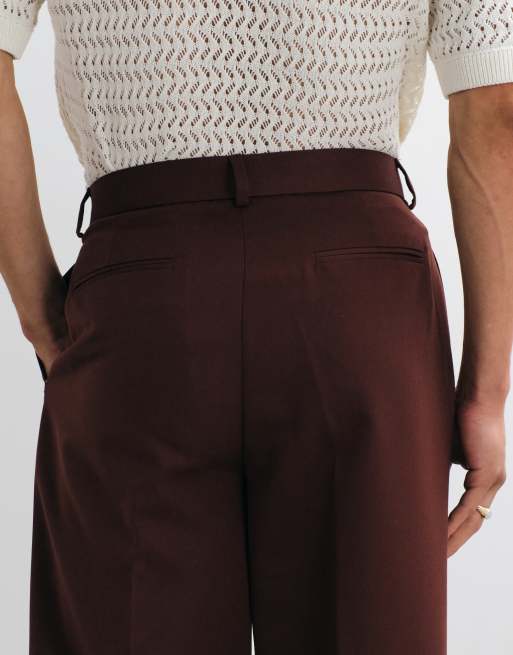ASOS DESIGN - Pantaloni sartoriali a fondo ampio bordeaux a pieghe, 5 di 7