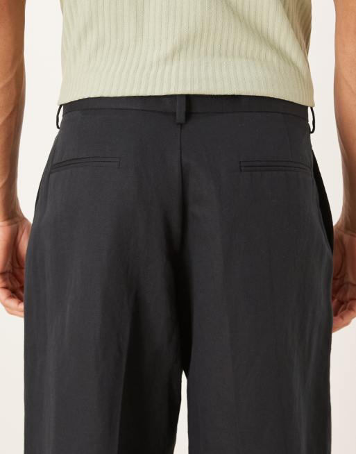 ASOS DESIGN - Pantaloni sartoriali a fondo ampio in misto lino nero a pieghe, 4 di 5