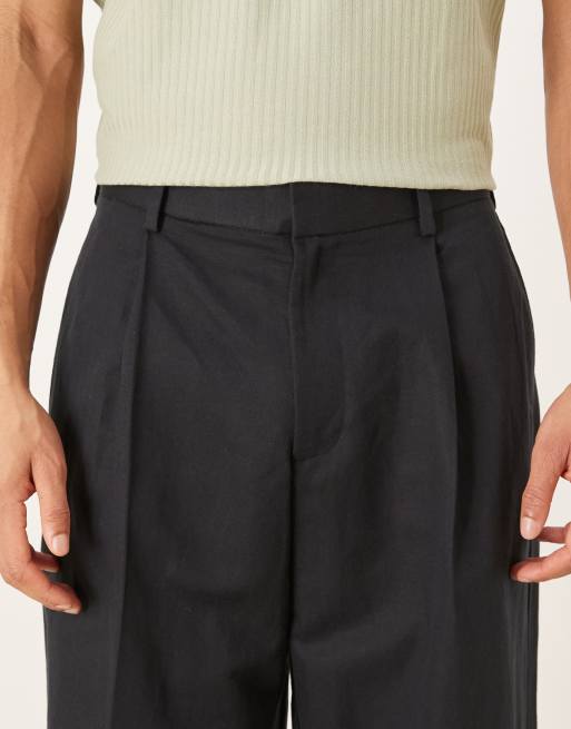 ASOS DESIGN - Pantaloni sartoriali a fondo ampio in misto lino nero a pieghe, 5 di 5