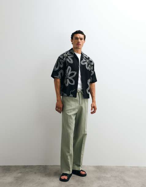 ASOS DESIGN - Pantaloni sartoriali a fondo ampio in misto lino verde salvia - view 1