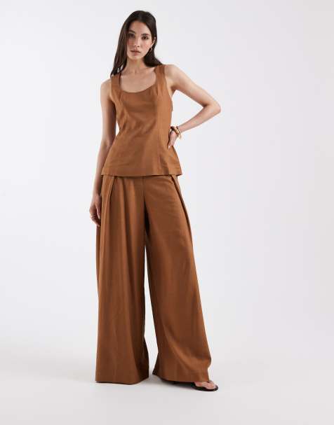 ASOS DESIGN - Pantaloni sartoriali a fondo ampio in twill di lino color caramello - view 1