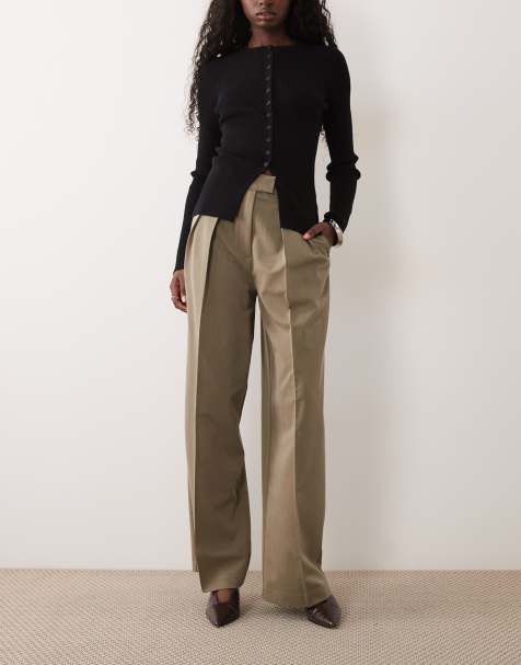 ASOS DESIGN pantaloni sartoriali a gamba ampia con dettaglio di piega in mélange oliva - view 1