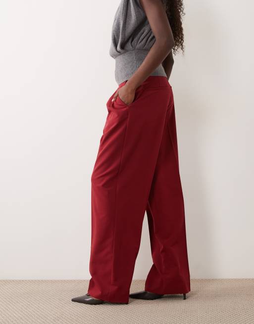 ASOS DESIGN pantaloni sartoriali a gamba larga con dettaglio di pieghe in rosso scuro, 5 di 5
