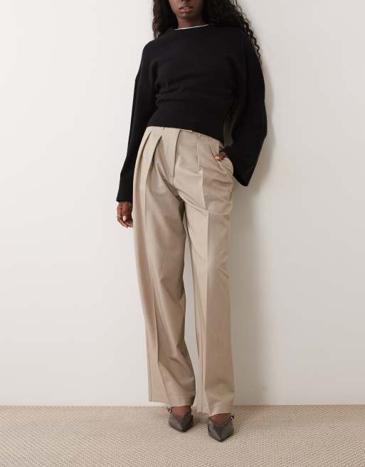 ASOS DESIGN pantaloni sartoriali a gamba larga con dettaglio piega in mélange sabbia