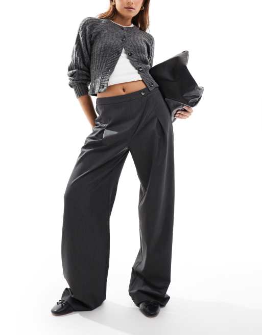 ASOS DESIGN - Pantaloni sartoriali a portafoglio grigi con fondo ampio e fascia in vita