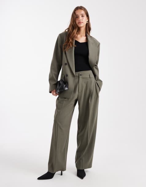 ASOS DESIGN - Pantaloni sartoriali a vita bassa color oliva con fondo ampio e fascia in vita asimmetrica in coordinato - view 1