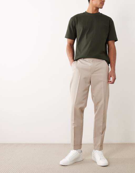 ASOS DESIGN - Pantaloni sartoriali affusolati color pietra con vita elasticizzata e risvolto