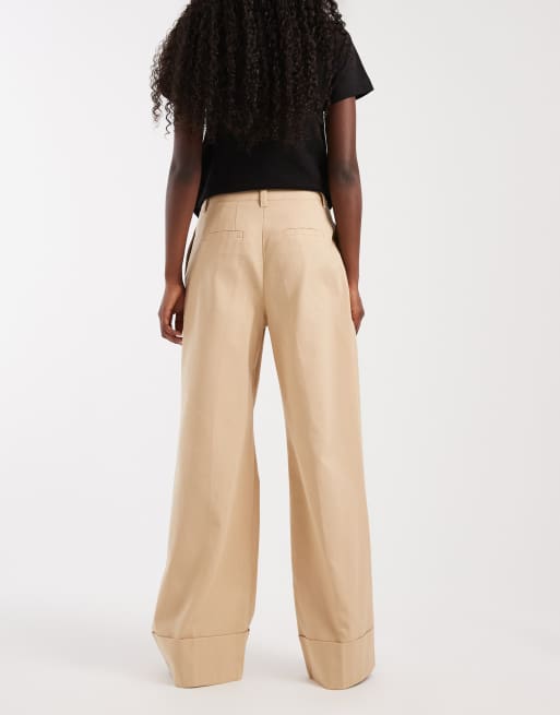 ASOS DESIGN - Pantaloni sartoriali beige in lino con risvolto e fondo ampio, 3 di 5