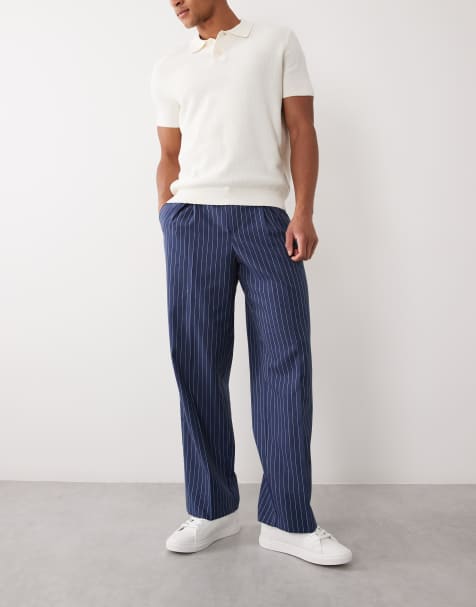 ASOS DESIGN pantaloni sartoriali in lino a pieghe a gamba ampia a righe sottili navy - view 1