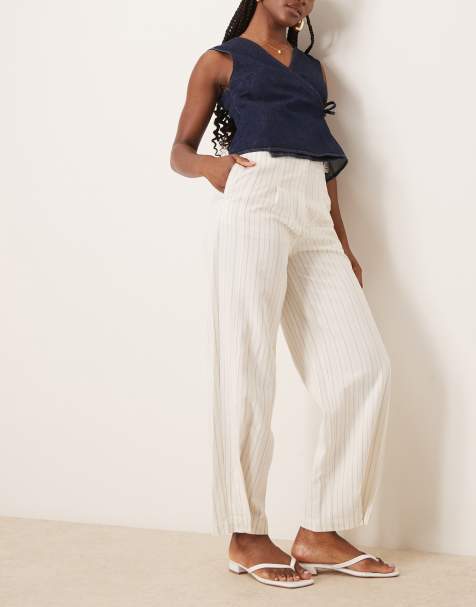 ASOS DESIGN - Pantaloni sartoriali in lino écru a righe con linguetta multiposizione sul fondo - view 1