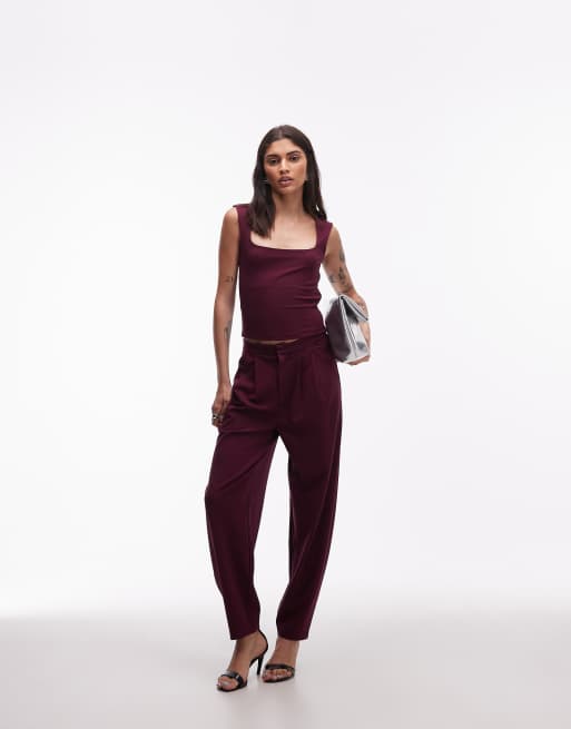 ASOS DESIGN - Pantaloni sartoriali in tessuto ponte color bacca con gamba a banana in coordinato