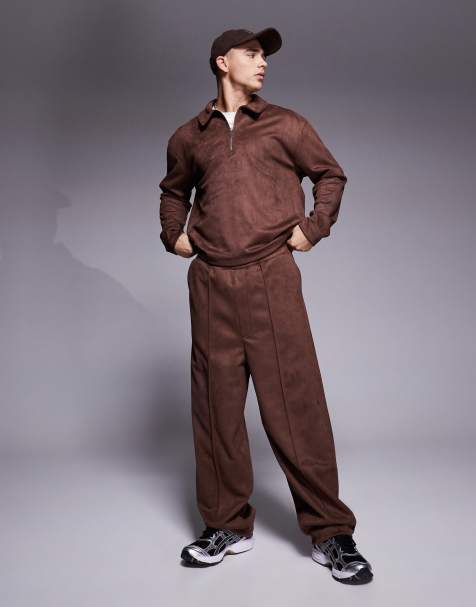 ASOS DESIGN - Pantaloni sartoriali larghi morbidi con piega sul davanti in camoscio sintetico marroni in coordinato - view 1