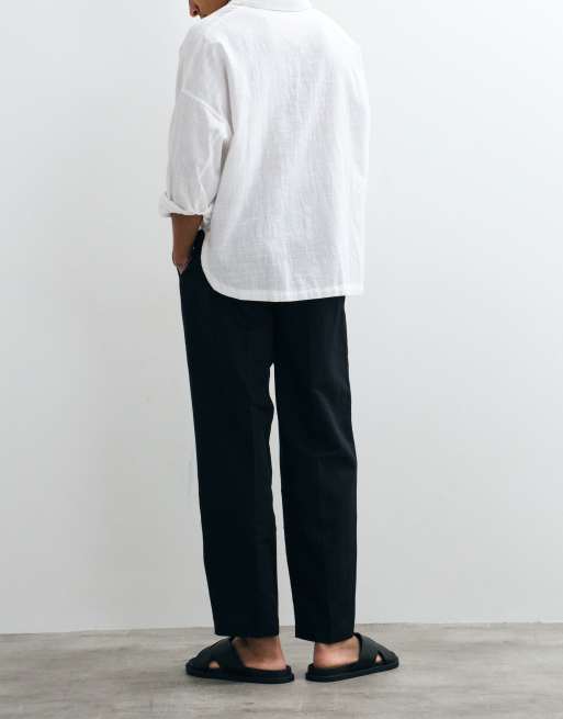 ASOS DESIGN - Pantaloni sartoriali oversize affusolati in misto lino nero, 2 di 5