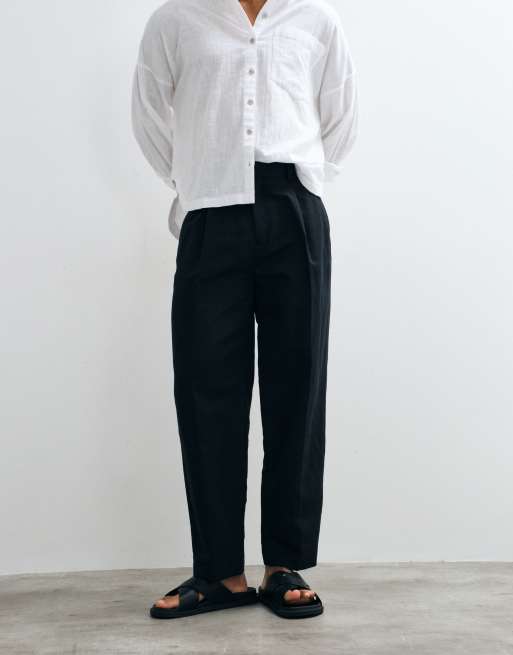 ASOS DESIGN - Pantaloni sartoriali oversize affusolati in misto lino nero, 4 di 5