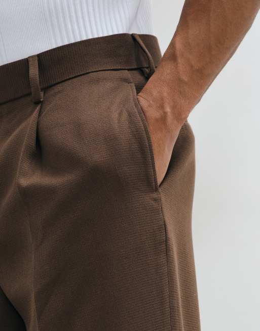 ASOS DESIGN pantaloni sartoriali plissettati relaxed tapered marrone microtexture, 5 di 5