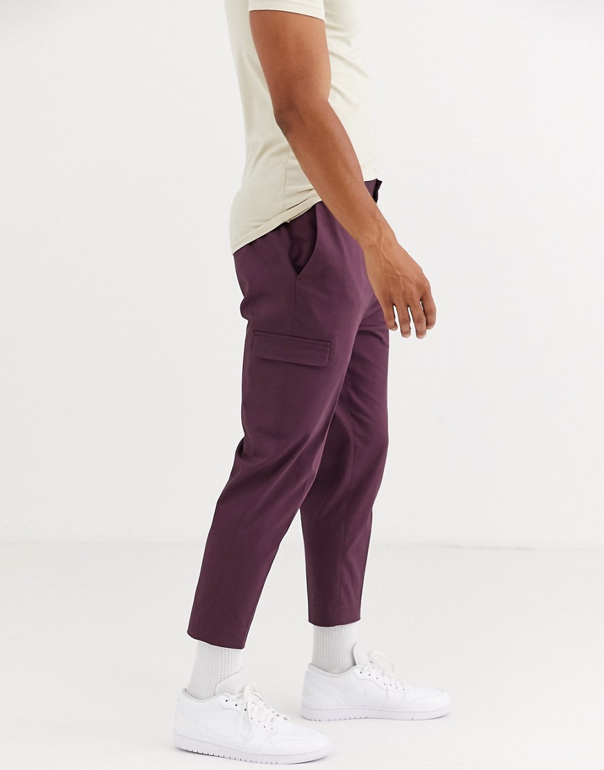 ASOS DESIGN - Pantaloni skinny eleganti bordeaux in cotone con tasche cargo-Rosso