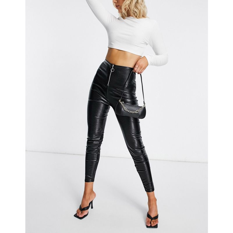 Q7L12 Donna DESIGN - Pantaloni skinny in pelle sintetica nera effetto pitonato con zip sul davanti