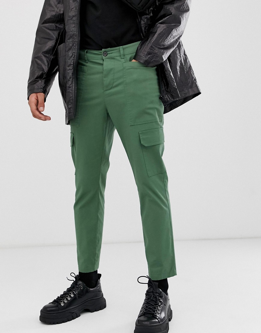 ASOS DESIGN - Pantaloni slim cropped cargo kaki-Verde