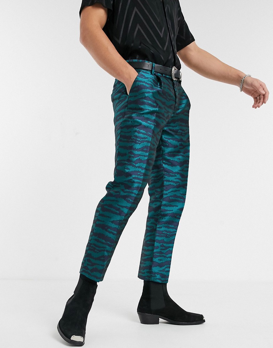 ASOS DESIGN - Pantaloni slim cropped eleganti in jacquard blu navy tigrato
