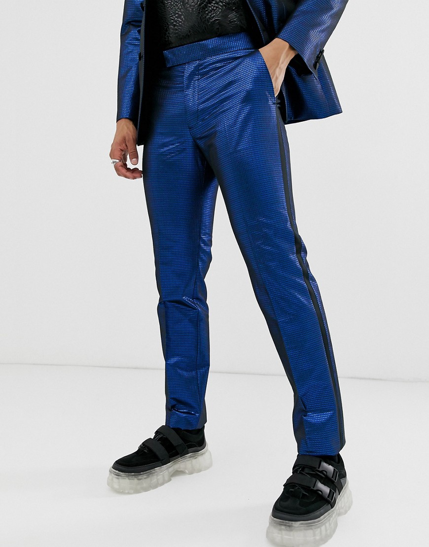 ASOS DESIGN - Pantaloni slim da smoking in jacquard blu metallico