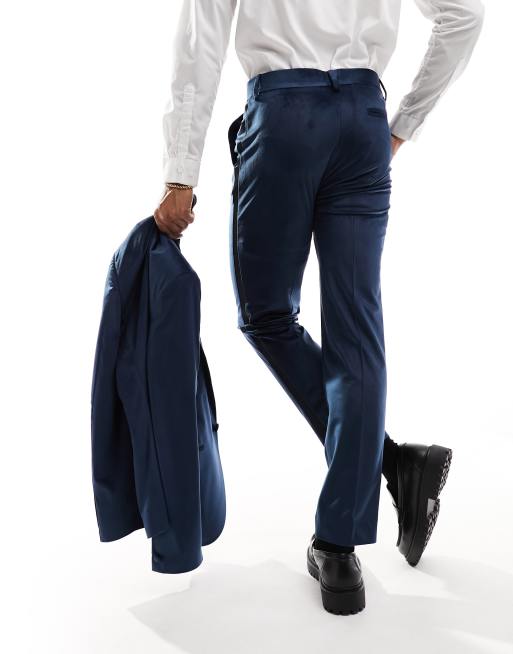 ASOS DESIGN - Pantaloni slim da smoking in velluto blu navy, 2 di 5
